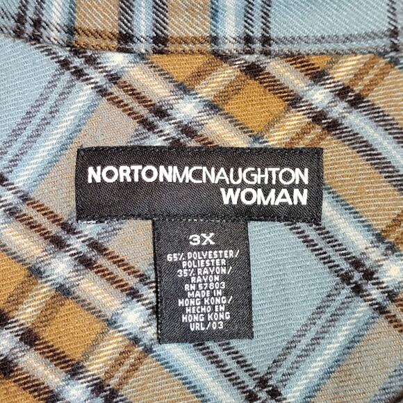 Norton McNaughton Plaid Shacket Shirt Blue Tan Faux Suede Shoulder 3X Cozy - Picture 11 of 13